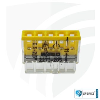 WAGO Compact Steckklemmen bzw. Verbindungsdosenklemmen | Modell 2273-205 | für 5 eindrähtige Leiter | 100 Stück | Alternative zur Lüsterklemme 9 WAGO Compact Steckklemmen bzw. Verbindungsdosenklemmen | Modell 2273-205 | für 5 eindrähtige Leiter | Leiterquerschnitt 0,5 bis 2,5 mm² | 450V / 24 A | 100 Stück pro Packung