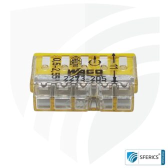 WAGO Compact Steckklemmen bzw. Verbindungsdosenklemmen | Modell 2273-205 | für 5 eindrähtige Leiter | 100 Stück | Alternative zur Lüsterklemme 10 WAGO Compact Steckklemmen bzw. Verbindungsdosenklemmen | Modell 2273-205 | für 5 eindrähtige Leiter | Leiterquerschnitt 0,5 bis 2,5 mm² | 450V / 24 A | 100 Stück pro Packung