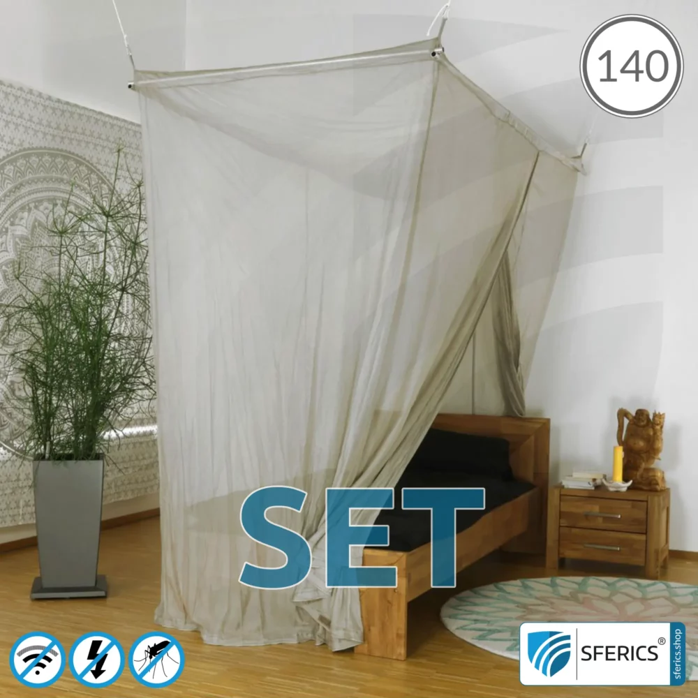 Abschirmender Baldachin Elektrosmog PRO im Set | QUEENSIZE BETT, 140 CM | Abschirmung Funk über 99,99 % (48 dB). Erdbar. Wirkungsvoll gegen 5G!