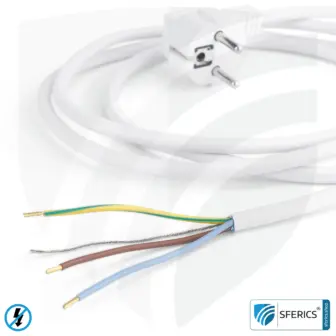 Geschirmtes Geräteanschlusskabel mit freiem Ende | weiss | Elektroleitung zur Abschirmung elektrischer und magnetischer Wechselfelder NF 6 Geschirmtes Geräteanschlusskabel mit freiem Ende | weiss | Elektroleitung zur Abschirmung elektrischer und magnetischer Wechselfelder NF