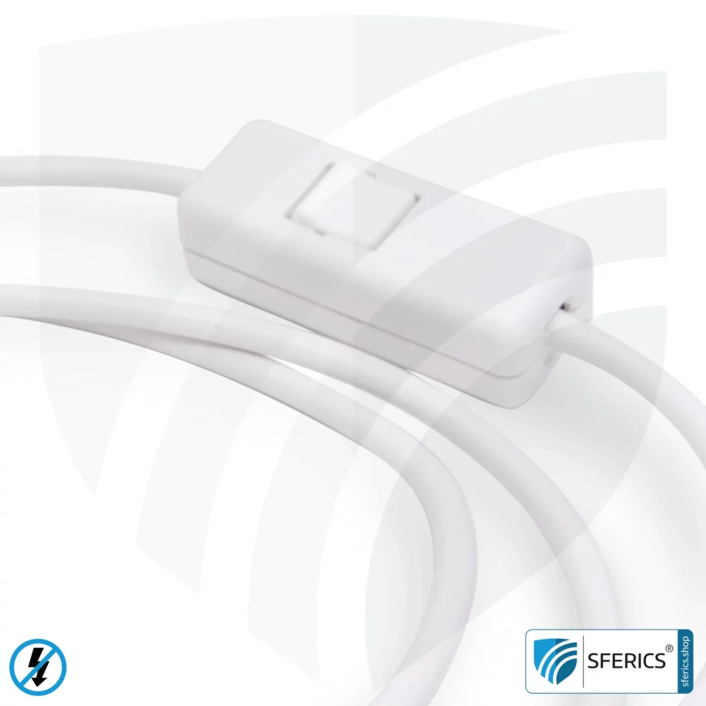 Geschirmtes Geräteanschlusskabel mit Schalter | weiss | 2 Meter Länge | Elektroleitung zur Abschirmung elektrischer und magnetischer Wechselfelder NF