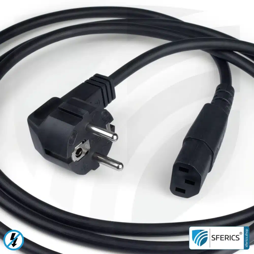 Geschirmtes Kaltgerätekabel mit C13 Stecker | schwarz | 2 Meter | Kaltgeräteanschlußleitung zur Abschirmung elektrischer und magnetischer Wechselfelder NF