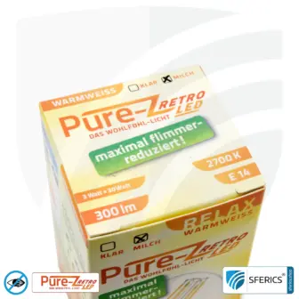 3 Watt LED Filament Pure-Z Retro | Hell wie 30 Watt, 300 Lumen | CRI >90 | flimmerfrei | warmweiß | E14 14 led pure z retro 3 watt matt biolicht gesamt front sferics 2000