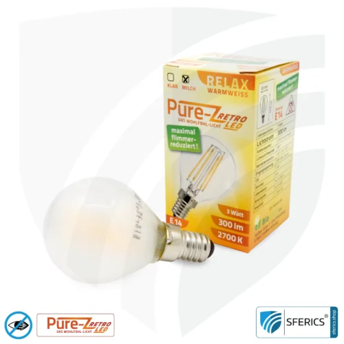 3 Watt LED Filament Pure-Z Retro | Hell wie 30 Watt, 300 Lumen | CRI >90 | flimmerfrei | warmweiß | E14 9 3 Watt LED Filament Pure-Z Retro | Hell wie 30 Watt, 300 Lumen | CRI über 90 | flimmerfrei | warmweiß | E14