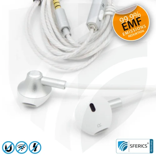 Strahlungsfreies SFERICS® ergonomisches In-Ear Stereo Kopfhörer | AirTube MINI mit Klinkenstecker | Elektrosmog reduzierender Kopfhörer mit Luftkabel Technologie und leistungstarkem Mikrofon | weiss-silber 11 Luftkabel In-Ear Stereo Headset mit Mikrofon | Air Tube MINI | strahlungsfreie Technologie ohne Elektrosmog | weiss-silber | mit Klinkenstecker