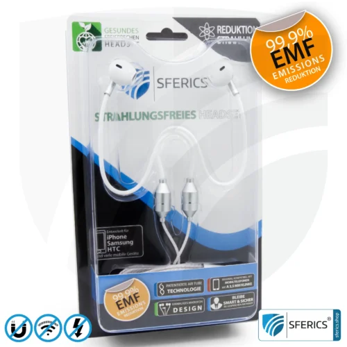 Strahlungsfreies SFERICS® ergonomisches In-Ear Stereo Kopfhörer | AirTube MINI mit Klinkenstecker | Elektrosmog reduzierender Kopfhörer mit Luftkabel Technologie und leistungstarkem Mikrofon | weiss-silber 14 Luftkabel In-Ear Stereo Headset mit Mikrofon | Air Tube MINI | strahlungsfreie Technologie ohne Elektrosmog | weiss-silber | mit Klinkenstecker