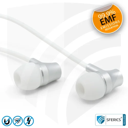 Strahlungsfreies SFERICS® In-Ear Stereo Headset | AirTube SMART mit Klinkenstecker | Elektrosmog reduzierender Kopfhörer mit Luftkabel Technologie und leistungstarkem Mikrofon | weiss-silber 21 Luftkabel In-Ear Stereo Headset mit Mikrofon | Variante SFERICS® SMART | Anti EMF Airtube Technologie ohne Elektrosmog | weiss-silber | Klinkenstecker