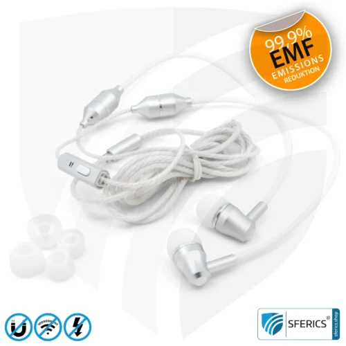 Strahlungsfreies SFERICS® In-Ear Stereo Headset | AirTube SMART mit Klinkenstecker | Elektrosmog reduzierender Kopfhörer mit Luftkabel Technologie und leistungstarkem Mikrofon | weiss-silber 16 Luftkabel In-Ear Stereo Headset mit Mikrofon | Variante SFERICS® SMART | Anti EMF Airtube Technologie ohne Elektrosmog | weiss-silber | Klinkenstecker