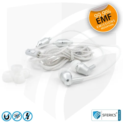 Strahlungsfreies SFERICS® In-Ear Stereo Headset | AirTube SMART mit Klinkenstecker | Elektrosmog reduzierender Kopfhörer mit Luftkabel Technologie und leistungstarkem Mikrofon | weiss-silber 22 Luftkabel In-Ear Stereo Headset mit Mikrofon | Variante SFERICS® SMART | Anti EMF Airtube Technologie ohne Elektrosmog | weiss-silber | Klinkenstecker
