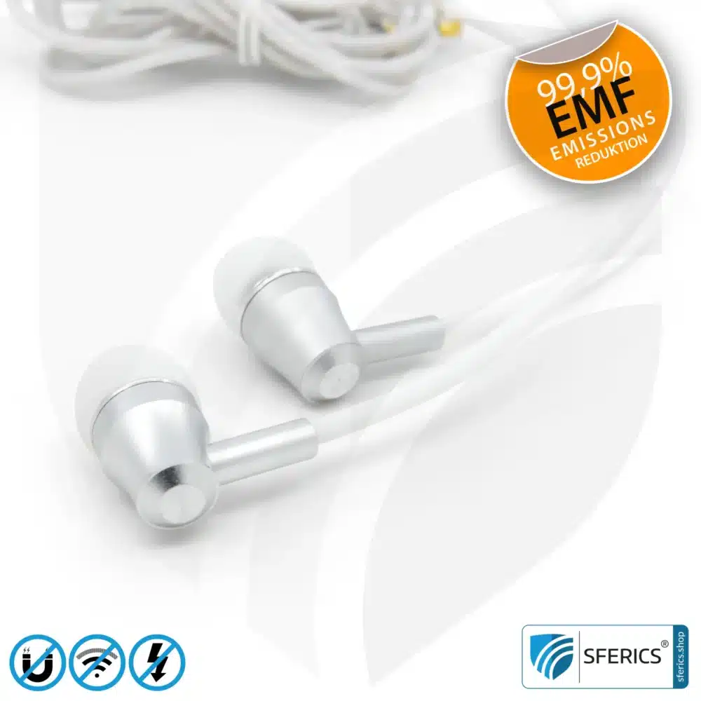 Luftkabel In-Ear Stereo Headset mit Mikrofon | Variante SFERICS® SMART | Anti EMF Airtube Technologie ohne Elektrosmog | weiss-silber | Klinkenstecker