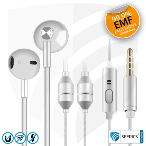 Strahlungsfreies SFERICS® ergonomisches In-Ear Stereo Kopfhörer | AirTube MINI mit Klinkenstecker | Elektrosmog reduzierender Headset mit Luftkabel Technologie und leistungstarkem Mikrofon | weiss-silber 1 Luftkabel In-Ear Stereo Headset mit Mikrofon | Air Tube MINI | strahlungsfreie Technologie ohne Elektrosmog | weiss-silber | mit Klinkenstecker