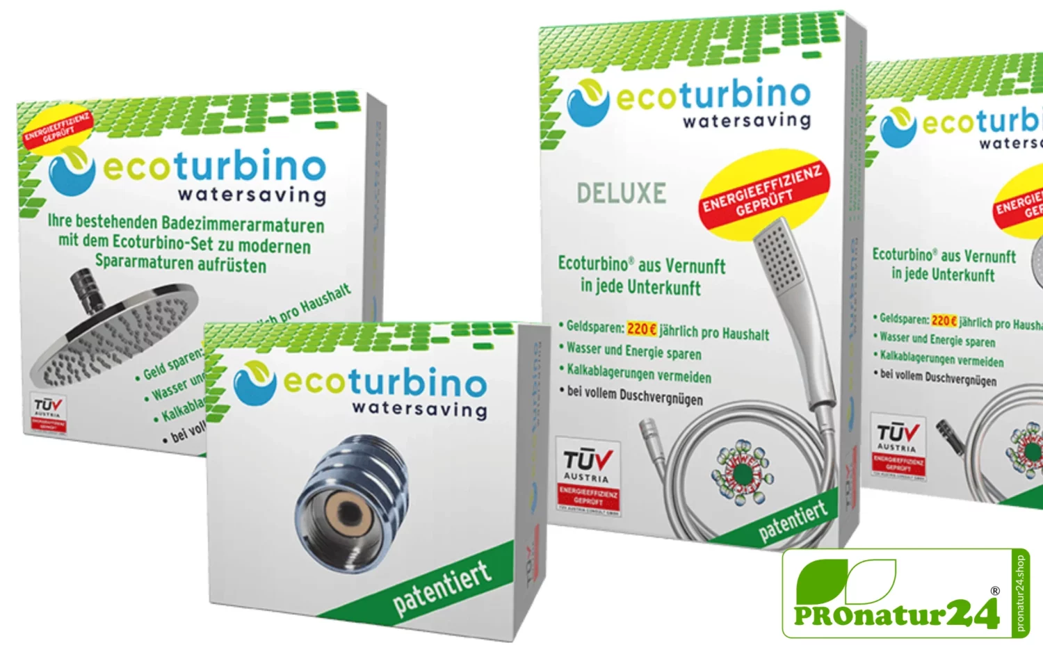 ecoturbino® Duschadapter mit 40% Reduktion | Wasserkosten smart senken - nicht nur Wasser reduzieren | € 110 pro Person bzw. € 440/Jahr bei einem 4-Personen-Haushalt 3 ecoturbino® Duschadapter