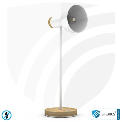 Geschirmte Tischleuchte BERLIN | pulverbeschichtet, weiss | Schwanenhals, in alle Richtungen drehbar | Holzfuss aus Bambus | E14 Fassung + G9 Adapter 11 Geschirmte Tischleuchte BERLIN, pulverbeschichtet | Schwanenhals, in alle Richtungen drehbar | Holzfuß aus Bambus | G9 Fassung