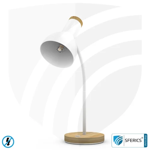 Geschirmte Tischleuchte BERLIN | pulverbeschichtet, weiss | Schwanenhals, in alle Richtungen drehbar | Holzfuss aus Bambus | E14 Fassung + G9 Adapter 1 Geschirmte Tischleuchte BERLIN, pulverbeschichtet | Schwanenhals, in alle Richtungen drehbar | Holzfuß aus Bambus | G9 Fassung