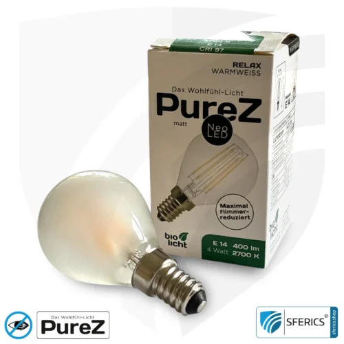 4 Watt LED Filament Pure-Z NEO | Hell wie 38 Watt, 400 Lumen | CRI 97 | flimmerfrei | warmweiß | E14 10 4 Watt LED Filament Pure-Z NEO | Hell wie 38 Watt, 400 Lumen | CRI 97 | flimmerfrei | warmweiß | E14