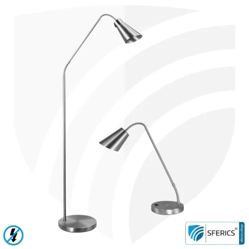 Geschirmte Tischleuchte AMSTERDAM | silber | modernes Design mit stylischen Elementen aus gebürstetem Stahl + Aluminium | Schlauchgelenke, in alle Richtungen drehbar | G9 Fassung 15 Geschirmte Tischleuchte und Stehleuchte AMSTERDAM | silber | modernes Design mit stylischen Elementen aus gebürstetem Stahl + Aluminium | Schlauchgelenke, in alle Richtungen drehbar | G9 Fassung