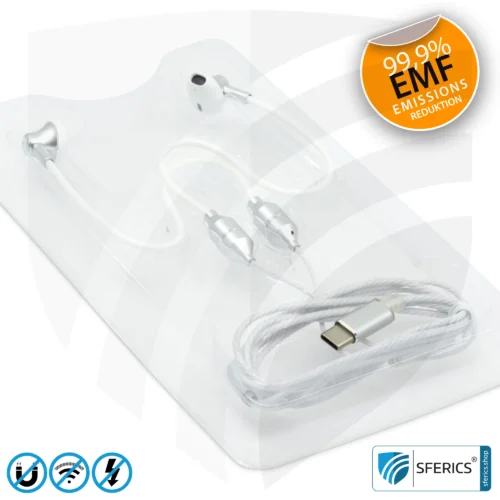 Strahlungsfreies SFERICS® ergonomisches In-Ear Stereo Kopfhörer | AirTube MINI mit USB C Stecker | Elektrosmog reduzierender Kopfhörer mit Luftkabel Technologie und leistungstarkem Mikrofon | weiss-silber 21 Luftkabel ergonomisch geformtes Stereo Headset mit Mikrofon | AirTube MINI | strahlungsfreie Technologie ohne Elektrosmog | weiss-silber | mit USB C Stecker für moderne Endgeräte