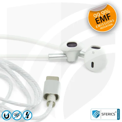Strahlungsfreies SFERICS® ergonomisches In-Ear Stereo Kopfhörer | AirTube MINI mit USB C Stecker | Elektrosmog reduzierender Kopfhörer mit Luftkabel Technologie und leistungstarkem Mikrofon | weiss-silber 22 Luftkabel ergonomisch geformtes Stereo Headset mit Mikrofon | AirTube MINI | strahlungsfreie Technologie ohne Elektrosmog | weiss-silber | mit USB C Stecker für moderne Endgeräte