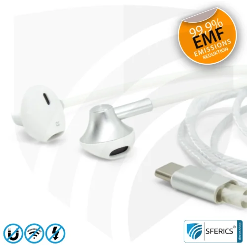 Strahlungsfreies SFERICS® ergonomisches In-Ear Stereo Kopfhörer | AirTube MINI mit USB C Stecker | Elektrosmog reduzierender Kopfhörer mit Luftkabel Technologie und leistungstarkem Mikrofon | weiss-silber 14 Luftkabel ergonomisch geformtes Stereo Headset mit Mikrofon | AirTube MINI | strahlungsfreie Technologie ohne Elektrosmog | weiss-silber | mit USB C Stecker für moderne Endgeräte