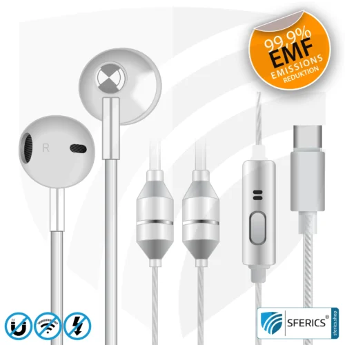 Strahlungsfreies SFERICS® ergonomisches In-Ear Stereo Kopfhörer | AirTube MINI mit USB C Stecker | Elektrosmog reduzierendes Headset mit Luftkabel Technologie und leistungstarkem Mikrofon | weiss-silber 1 Luftkabel ergonomisch geformtes Stereo Headset mit Mikrofon | AirTube MINI | strahlungsfreie Technologie ohne Elektrosmog | weiss-silber | mit USB C Stecker für moderne Endgeräte
