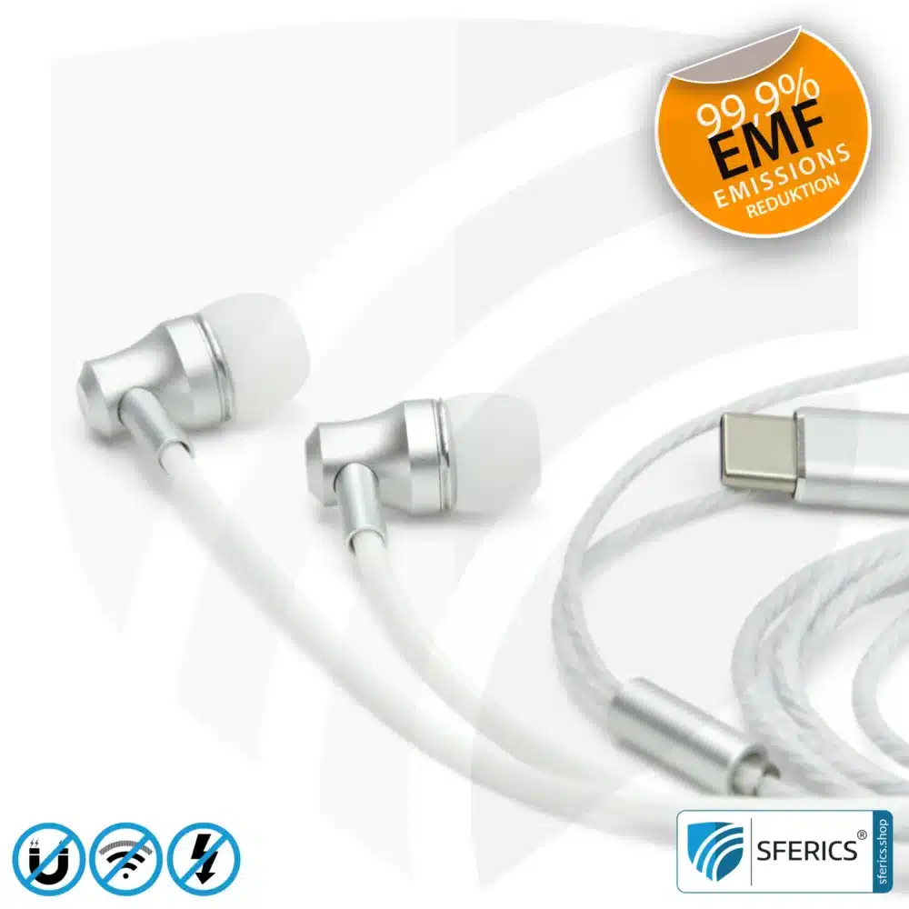 Luftkabel In-Ear Stereo Headset mit Mikrofon | AirTube SMART | strahlungsfreie Technologie ohne Elektrosmog | weiss-silber | mit USB C Stecker für moderne Endgeräte
