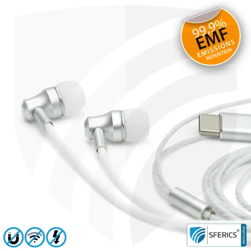 Strahlungsfreies SFERICS® In-Ear Stereo Headset | AirTube SMART mit USB C Stecker | Elektrosmog reduzierender Kopfhörer mit Luftkabel Technologie und leistungstarkem Mikrofon | weiss-silber 28 Luftkabel In-Ear Stereo Headset mit Mikrofon | AirTube SMART | strahlungsfreie Technologie ohne Elektrosmog | weiss-silber | mit USB C Stecker für moderne Endgeräte