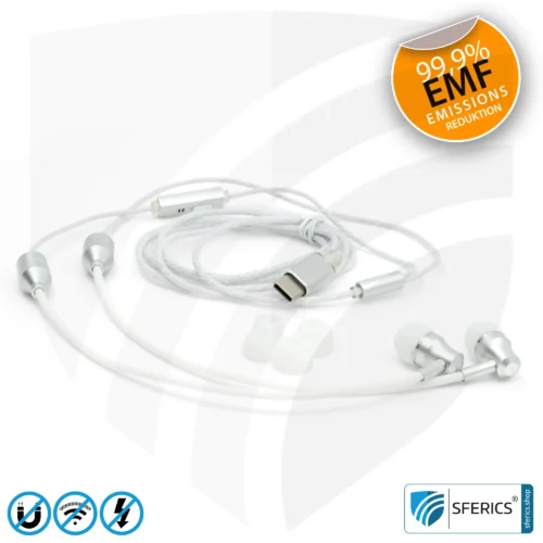 Strahlungsfreies SFERICS® In-Ear Stereo Headset | AirTube SMART mit USB C Stecker | Elektrosmog reduzierender Kopfhörer mit Luftkabel Technologie und leistungstarkem Mikrofon | weiss-silber 22 Luftkabel In-Ear Stereo Headset mit Mikrofon | AirTube SMART | strahlungsfreie Technologie ohne Elektrosmog | weiss-silber | mit USB C Stecker für moderne Endgeräte