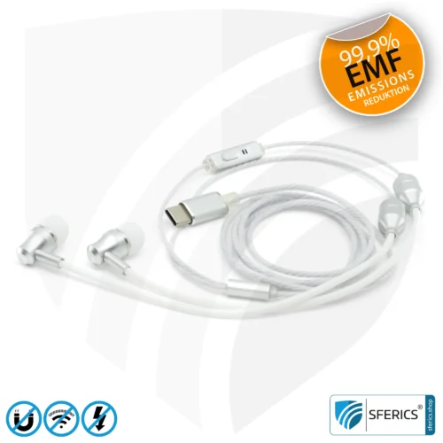 Strahlungsfreies SFERICS® In-Ear Stereo Headset | AirTube SMART mit USB C Stecker | Elektrosmog reduzierender Kopfhörer mit Luftkabel Technologie und leistungstarkem Mikrofon | weiss-silber 24 Luftkabel In-Ear Stereo Headset mit Mikrofon | AirTube SMART | strahlungsfreie Technologie ohne Elektrosmog | weiss-silber | mit USB C Stecker für moderne Endgeräte