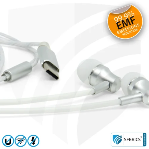 Strahlungsfreies SFERICS® In-Ear Stereo Headset | AirTube SMART mit USB C Stecker | Elektrosmog reduzierender Kopfhörer mit Luftkabel Technologie und leistungstarkem Mikrofon | weiss-silber 17 Luftkabel In-Ear Stereo Headset mit Mikrofon | AirTube SMART | strahlungsfreie Technologie ohne Elektrosmog | weiss-silber | mit USB C Stecker für moderne Endgeräte