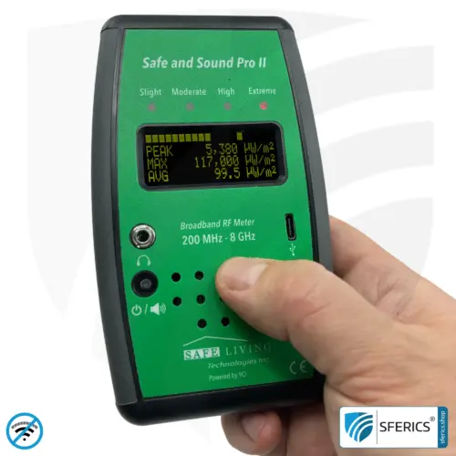 SAFE AND SOUND PRO 2 Elektrosmog Detektor | Einzigartiger Messbereich bis 3.180.000 µW/m² | Semiprofi Breitband HF Messgerät für Einsteiger | Erkennung von EMF Funkstrahlung bis 8 GHz, inklusive 5G! | Modell 2025