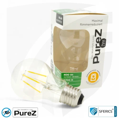 4,2 Watt LED Filament Pure-Z NEO | Hell wie 38 Watt, 400 Lumen | CRI 97 | flimmerfrei | warmweiß | E27 11 4,2 Watt LED Filament Pure-Z NEO | Hell wie 38 Watt, 400 Lumen | CRI 97 | flimmerfrei | warmweiß | E27 | klar