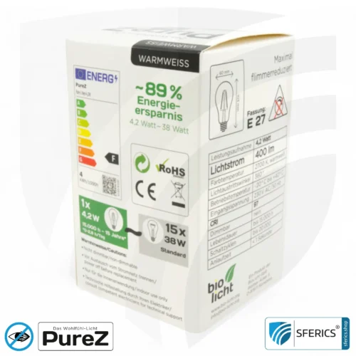 4,2 Watt LED Filament Pure-Z NEO | Hell wie 38 Watt, 400 Lumen | CRI 97 | flimmerfrei | warmweiß | E27 12 4,2 Watt LED Filament Pure-Z NEO | Hell wie 38 Watt, 400 Lumen | CRI 97 | flimmerfrei | warmweiß | E27 | klar