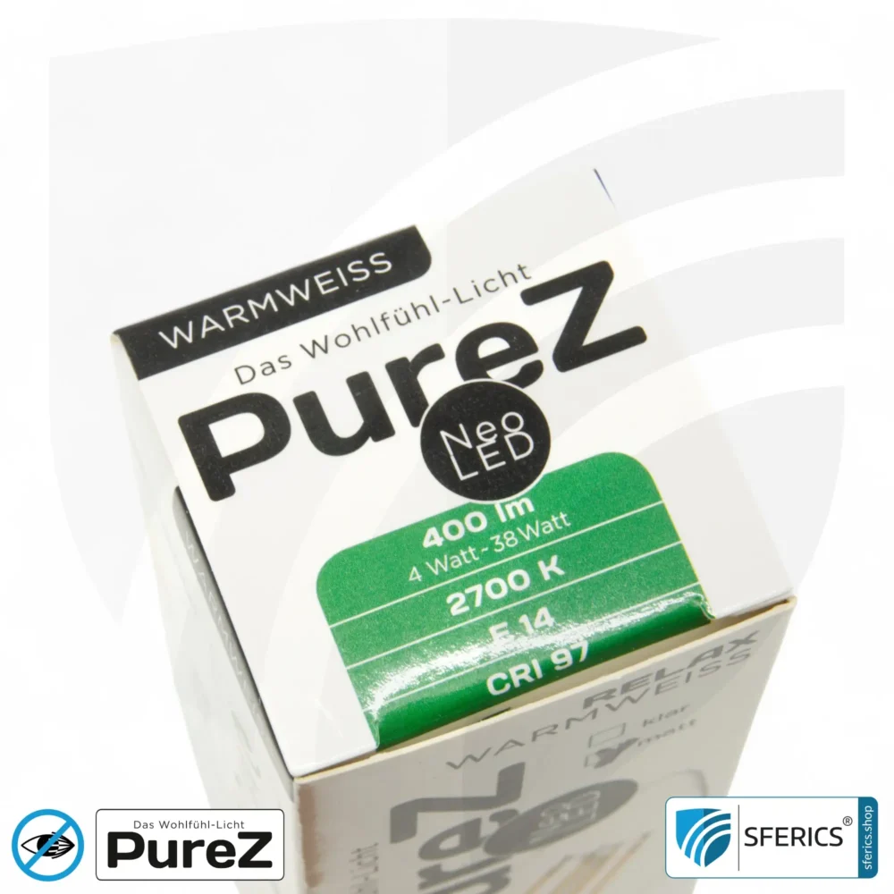 4 Watt LED Filament Kerze Pure-Z NEO | Hell wie 38 Watt, 400 Lumen | CRI 97 | flimmerfrei | warmweiß | E14 | matt