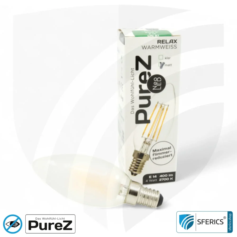4 Watt LED Filament Kerze Pure-Z NEO | Hell wie 38 Watt, 400 Lumen | CRI 97 | flimmerfrei | warmweiß | E14 | matt