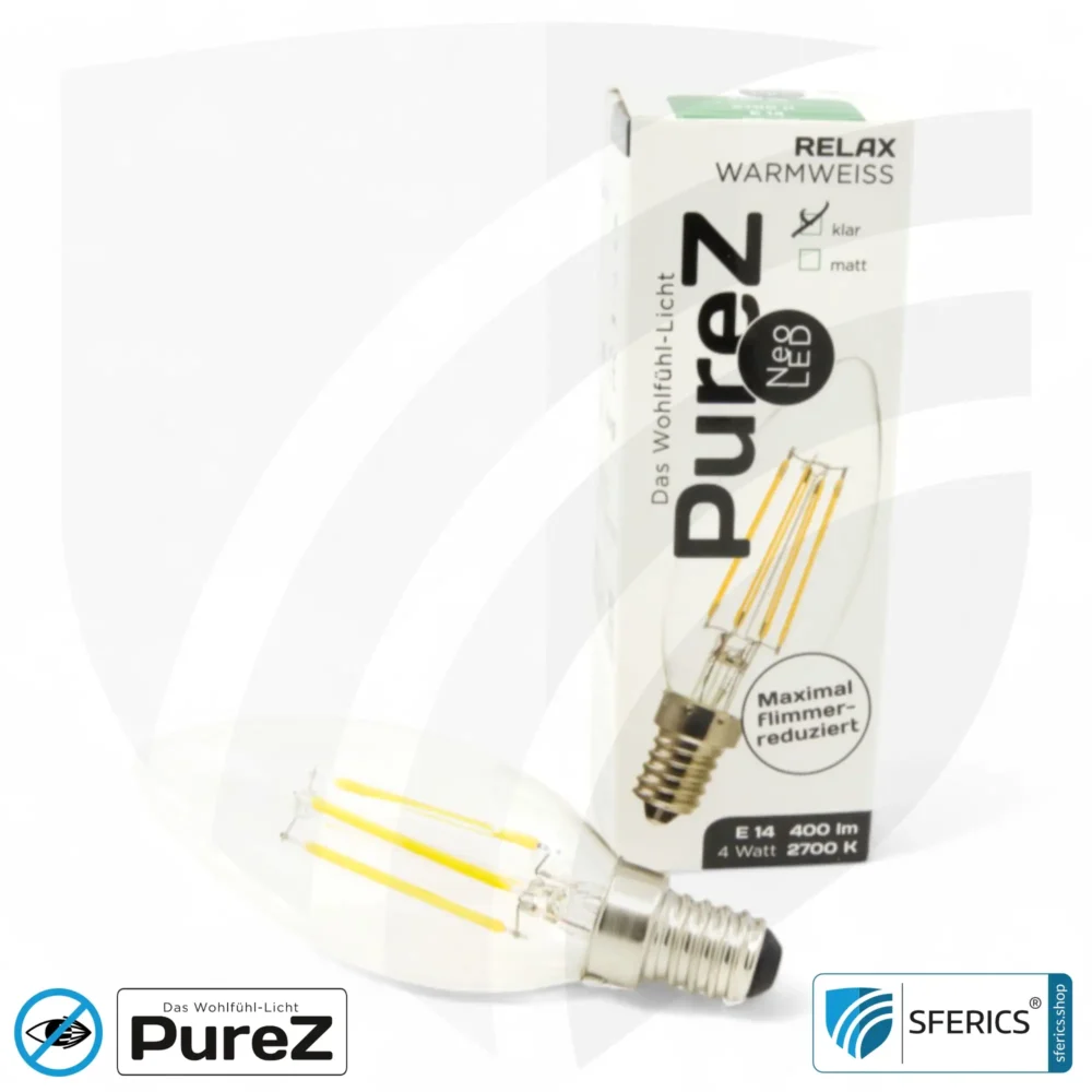 4 Watt LED Filament Kerze Pure-Z NEO | Hell wie 38 Watt, 400 Lumen | CRI 97 | flimmerfrei | warmweiß | E14 | klar