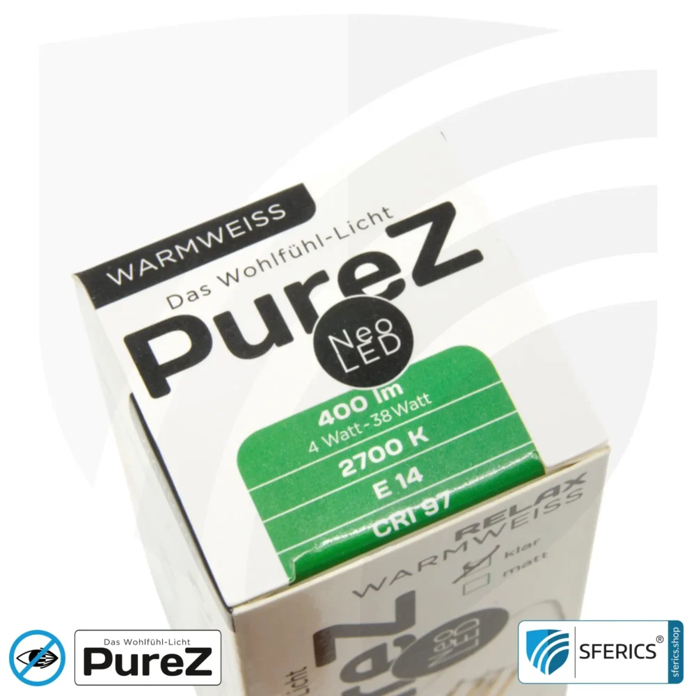 4 Watt LED Filament Kerze Pure-Z NEO | Hell wie 38 Watt, 400 Lumen | CRI 97 | flimmerfrei | warmweiß | E14 | klar