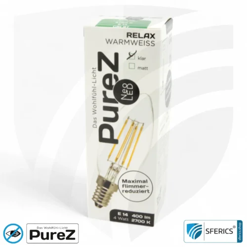 4 Watt LED Filament Kerze Pure-Z NEO | Hell wie 38 Watt, 400 Lumen | CRI 97 | flimmerfrei | warmweiß | E14 11 4 Watt LED Filament Kerze Pure-Z NEO | Hell wie 38 Watt, 400 Lumen | CRI 97 | flimmerfrei | warmweiß | E14 | klar