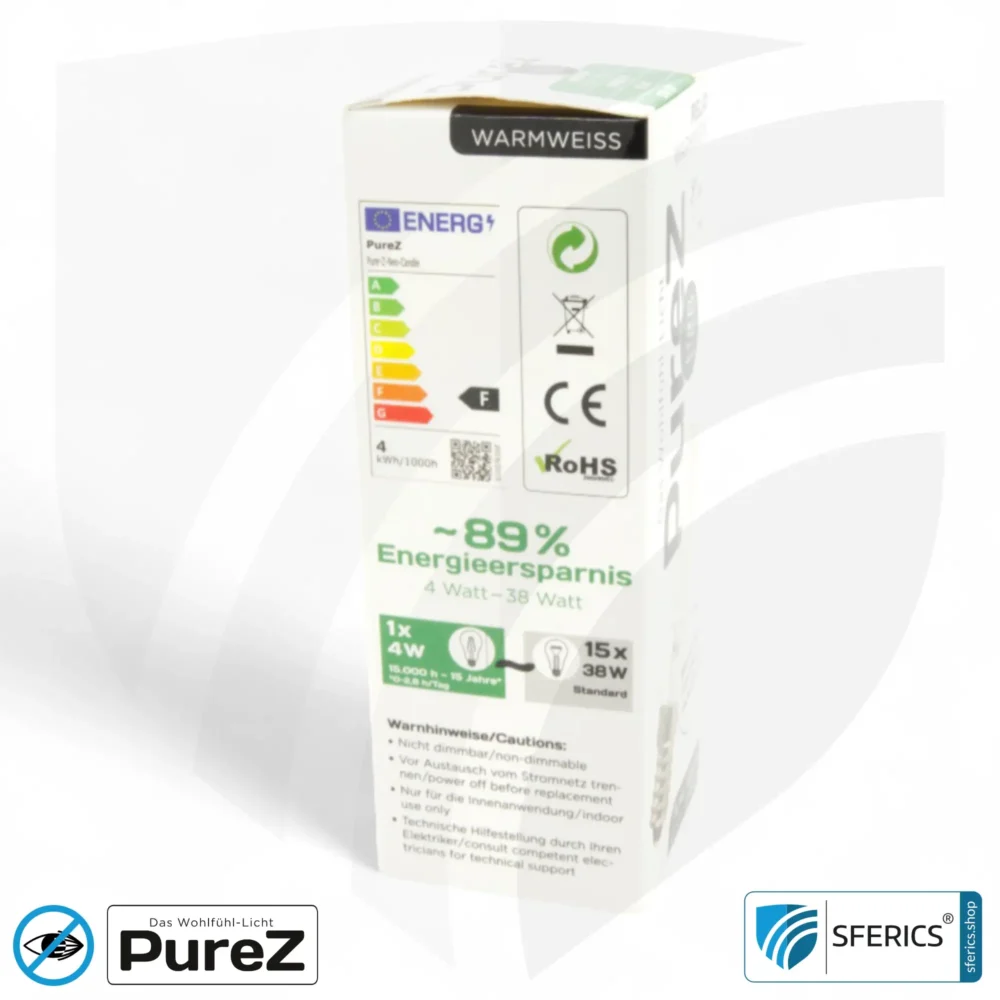 4 Watt LED Filament Kerze Pure-Z NEO | Hell wie 38 Watt, 400 Lumen | CRI 97 | flimmerfrei | warmweiß | E14 | klar