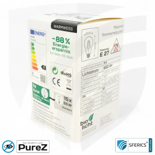6,4 Watt LED Filament Pure-Z NEO | Hell wie 55 Watt, 650 Lumen | CRI 97 | flimmerfrei | warmweiß | E27 12 6,4 Watt LED Filament Pure-Z NEO | Hell wie 55 Watt, 650 Lumen | CRI 97 | flimmerfrei | warmweiß | E27 | matt