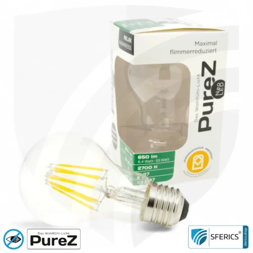6,4 Watt LED Filament Pure-Z NEO | Hell wie 55 Watt, 650 Lumen | CRI 97 | flimmerfrei | warmweiß | E27 11 6,4 Watt LED Filament Pure-Z NEO | Hell wie 55 Watt, 650 Lumen | CRI 97 | flimmerfrei | warmweiß | E27 | klar