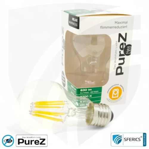 8,2 Watt LED Filament Pure-Z NEO | Hell wie 66 Watt, 830 Lumen | CRI 97 | flimmerfrei | warmweiß | E27 11 8,2 Watt LED Filament Pure-Z NEO | Hell wie 66 Watt, 830 Lumen | CRI 97 | flimmerfrei | warmweiß | E27 | klar