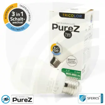 9 Watt LED TRICOLOR Pure-Z NEO | 3in1 = 3 umschaltbare Lichtfarben | Hell wie 80 Watt, 850 Lumen | CRI >90 | flimmerfrei | E27 9 9 Watt LED TRICOLOR Pure-Z NEO | 3in1 = 3 umschaltbare Lichtfarben | Hell wie 80 Watt, 850 Lumen | CRI über 90 | flimmerfrei | E27