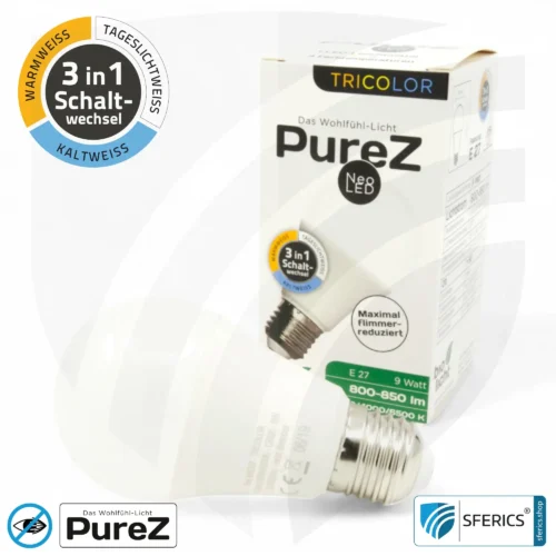 9 Watt LED TRICOLOR Pure-Z NEO | 3in1 = 3 umschaltbare Lichtfarben | Hell wie 80 Watt, 850 Lumen | CRI >90 | flimmerfrei | E27 10 9 Watt LED TRICOLOR Pure-Z NEO | 3in1 = 3 umschaltbare Lichtfarben | Hell wie 80 Watt, 850 Lumen | CRI über 90 | flimmerfrei | E27
