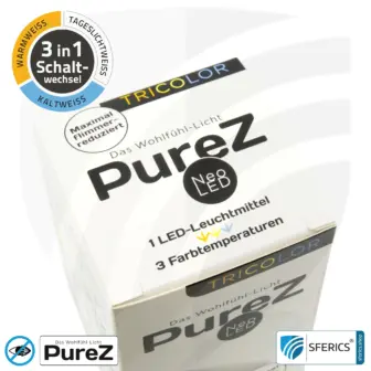9 Watt LED TRICOLOR Pure-Z NEO | 3in1 = 3 umschaltbare Lichtfarben | Hell wie 80 Watt, 850 Lumen | CRI >90 | flimmerfrei | E27 13 9 Watt LED TRICOLOR Pure-Z NEO | 3in1 = 3 umschaltbare Lichtfarben | Hell wie 80 Watt, 850 Lumen | CRI >90 | flimmerfrei | E27