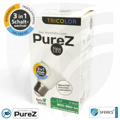9 Watt LED TRICOLOR Pure-Z NEO | 3in1 = 3 umschaltbare Lichtfarben | Hell wie 80 Watt, 850 Lumen | CRI >90 | flimmerfrei | E27 15 9 Watt LED TRICOLOR Pure-Z NEO | 3in1 = 3 umschaltbare Lichtfarben | Hell wie 80 Watt, 850 Lumen | CRI über 90 | flimmerfrei | E27