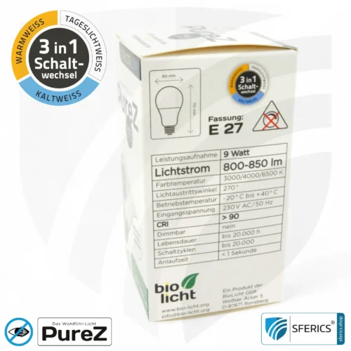 9 Watt LED TRICOLOR Pure-Z NEO | 3in1 = 3 umschaltbare Lichtfarben | Hell wie 80 Watt, 850 Lumen | CRI >90 | flimmerfrei | E27 12 9 Watt LED TRICOLOR Pure-Z NEO | 3in1 = 3 umschaltbare Lichtfarben | Hell wie 80 Watt, 850 Lumen | CRI über 90 | flimmerfrei | E27