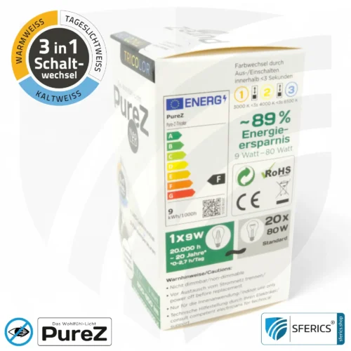 9 Watt LED TRICOLOR Pure-Z NEO | 3in1 = 3 umschaltbare Lichtfarben | Hell wie 80 Watt, 850 Lumen | CRI >90 | flimmerfrei | E27 13 9 Watt LED TRICOLOR Pure-Z NEO | 3in1 = 3 umschaltbare Lichtfarben | Hell wie 80 Watt, 850 Lumen | CRI über 90 | flimmerfrei | E27