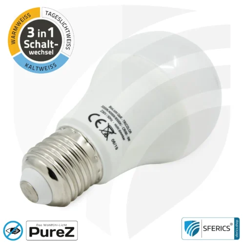 9 Watt LED TRICOLOR Pure-Z NEO | 3in1 = 3 umschaltbare Lichtfarben | Hell wie 80 Watt, 850 Lumen | CRI >90 | flimmerfrei | E27 11 9 Watt LED TRICOLOR Pure-Z NEO | 3in1 = 3 umschaltbare Lichtfarben | Hell wie 80 Watt, 850 Lumen | CRI über 90 | flimmerfrei | E27